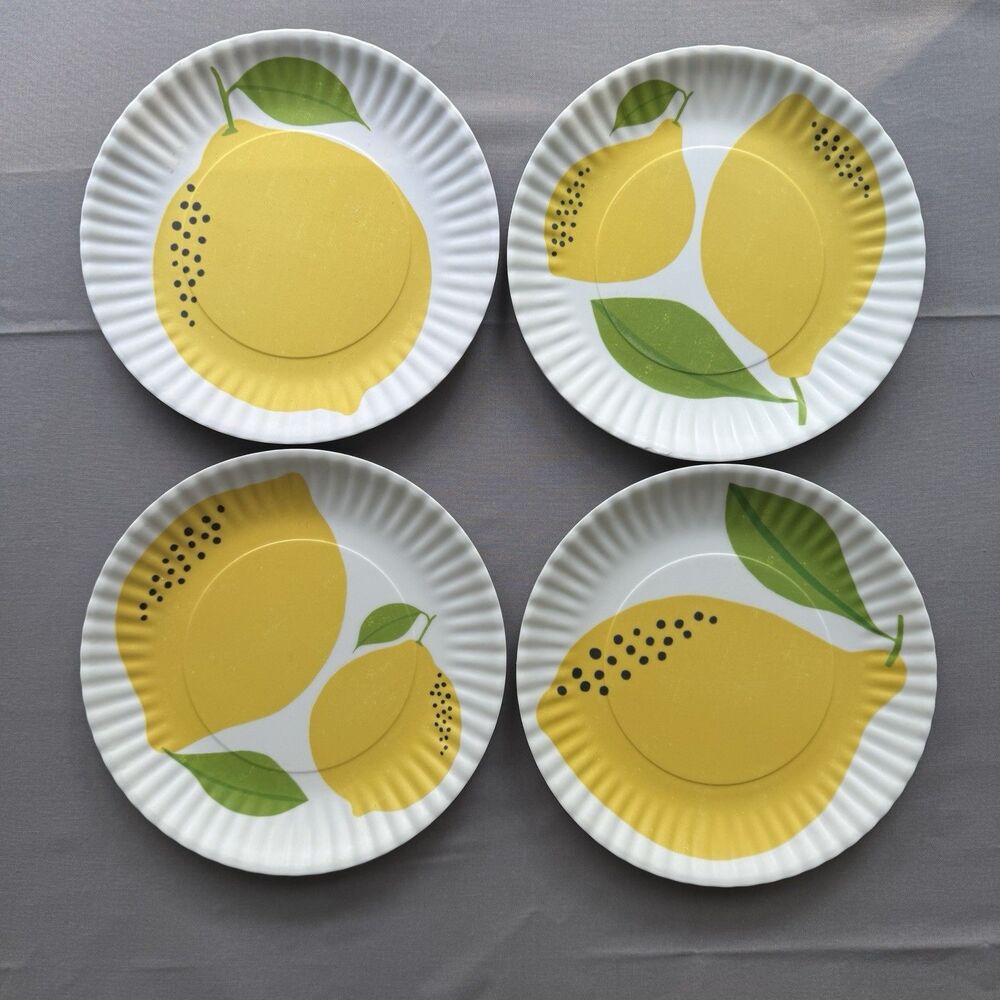 NEW One Hundred 80 Degrees Paper Plate Look Melamine 7.5” Lemons Plates ~ Set  4